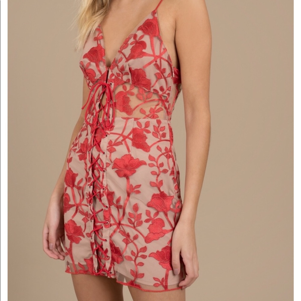TOBI Cut Ties Red & Nude Lace Up Bodycon Dress